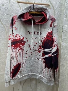 Yi I'm Fine Blood Spatter Graphic Hoodie Mens Large White Red Excellent Edgy